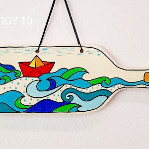 Κεραμικό μπουκάλι,ζωγραφισμένο στο χέρι με θέμα τη θάλασσα,καραβάκι στη φουρτούνα